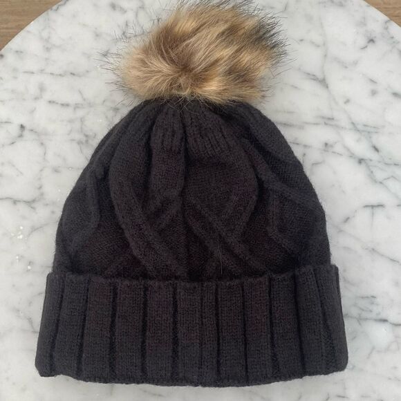 NWT OZERO Women Winter Cable Knit Beanie Hat w/Faux Fur Pom Pom & Fleece Lining. - Picture 2 of 6